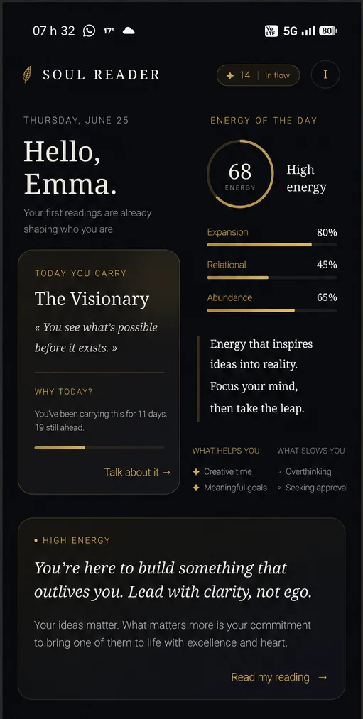 Soul Reader dashboard